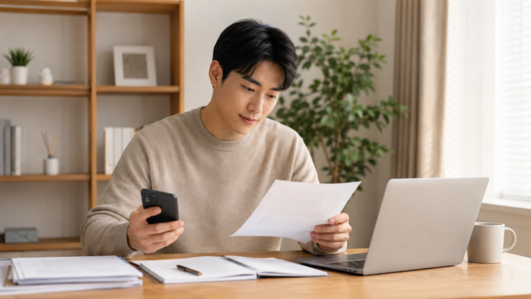 실업급여 서류와 단기근로 계약서를 비교하며 알바 신고 기준을 확인하는 모습